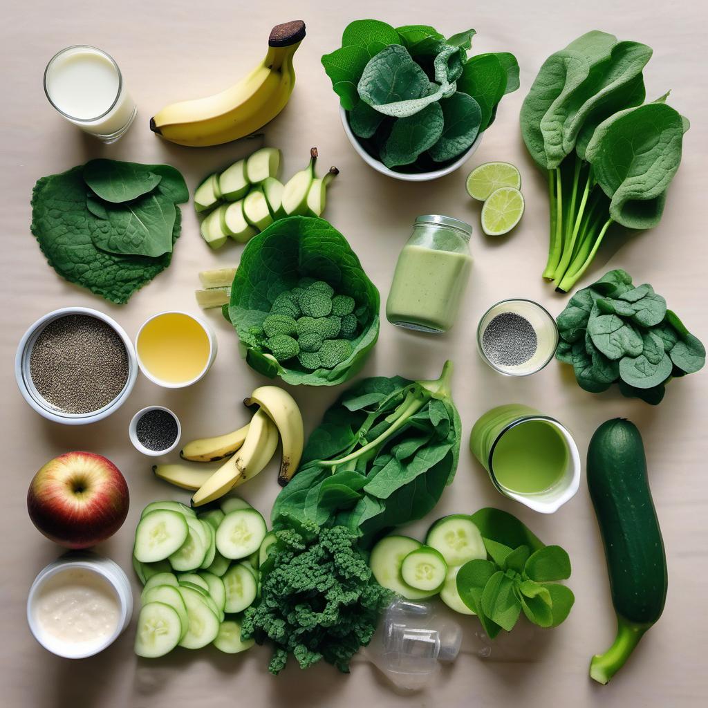 Items needed to answer the question, How do I make a Ghouls Green Smoothie. Items include:  Ripe banana  Spinach leaves  Kale leaves  Cucumber  Green apple  Lime (juiced)  Chia seeds  Almond milk  Ice cubes