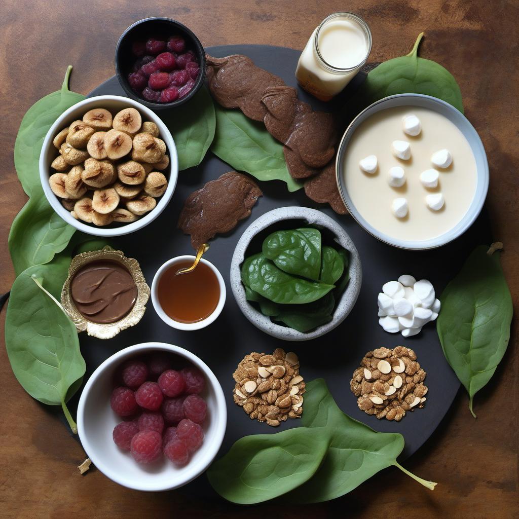 Items needed to answer the question, How do I create a creepy Ghouls Green Smoothie bowl. Items include:  Bananas  Spinach Leaves  Almond Milk  Chia Seeds  Honey  Witch's Brew Ice Cubes  Grapes  Chocolate Chips  Ghostly Marshmallows  Bat-shaped Granola  Raspberry Sauce  Black Sesame Seeds