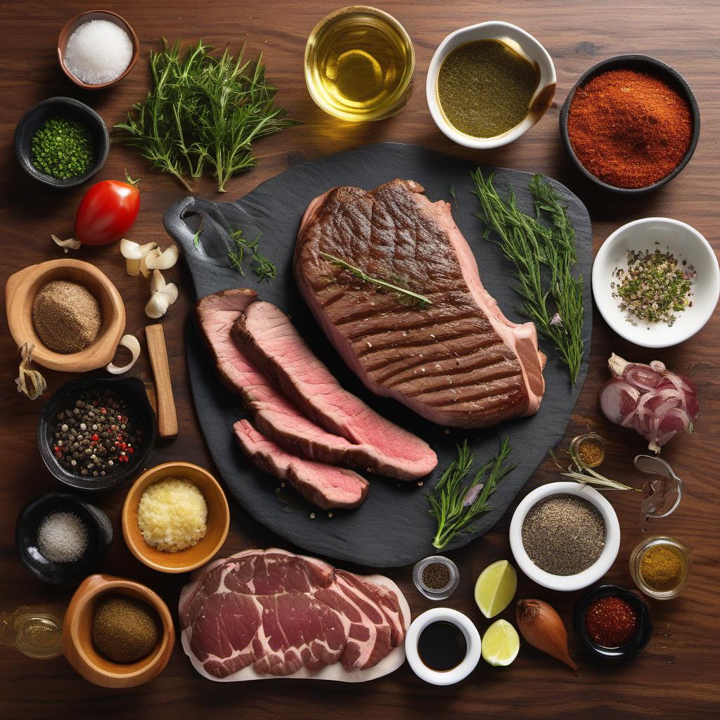 Items needed to answer the question, How do I marinate steak for a perfect sear. Items include:  Steak  Marinade of your choice  Spices, herbs, salt, and pepper