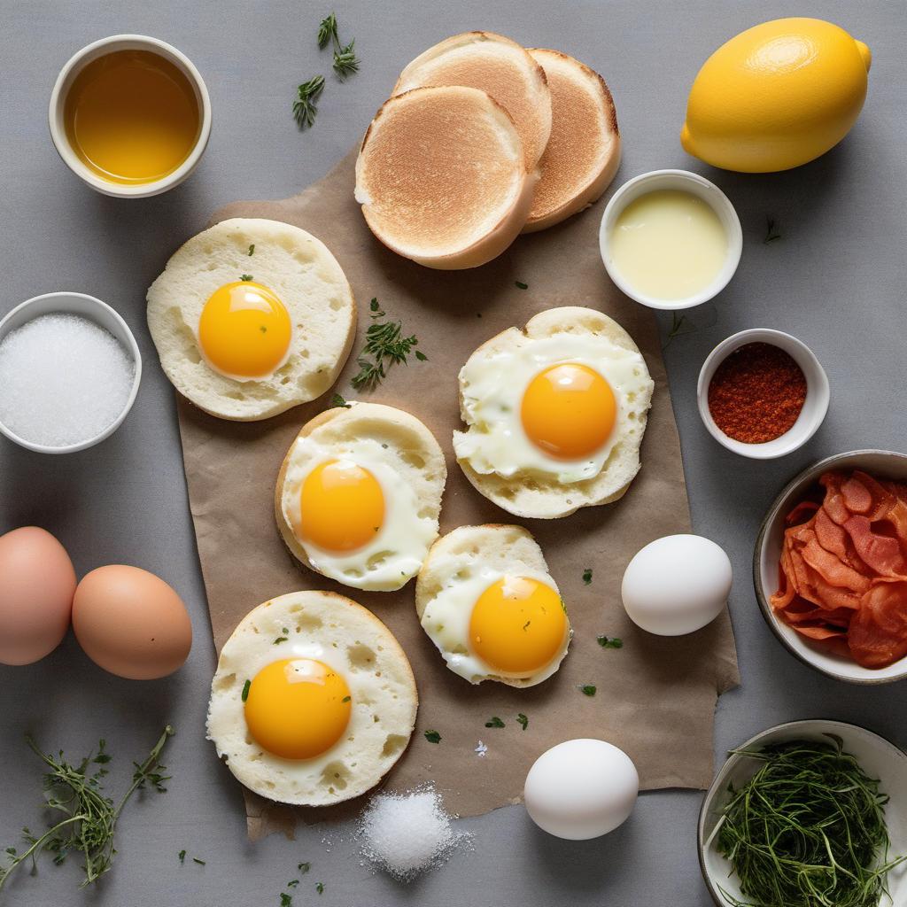 Items needed to answer the question, How do I create the ultimate Eggs Benedict feast. Items include:  English Muffins  Eggs  Vinegar  Canadian Bacon  Butter  Egg Yolks  Lemon Juice  Salt  Unsalted Butter  Cayenne Pepper  Fresh Herbs