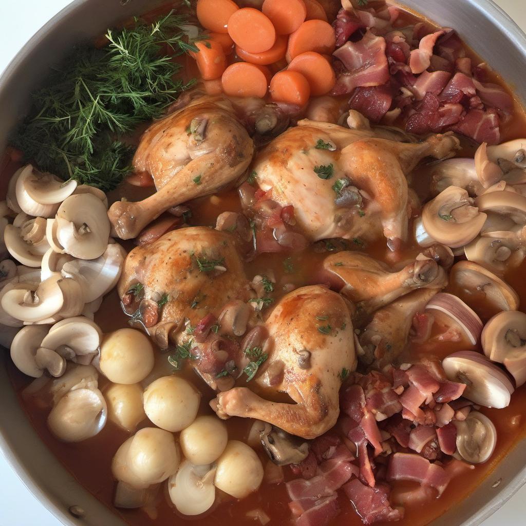 Items needed to answer the question, How do I infuse Coq au Vin with a touch of spice. Items include:  chicken pieces  bacon  onion  carrots  garlic cloves  mushrooms  red wine  chicken broth  tomato paste  bay leaves  fresh thyme  cayenne pepper  salt  pepper