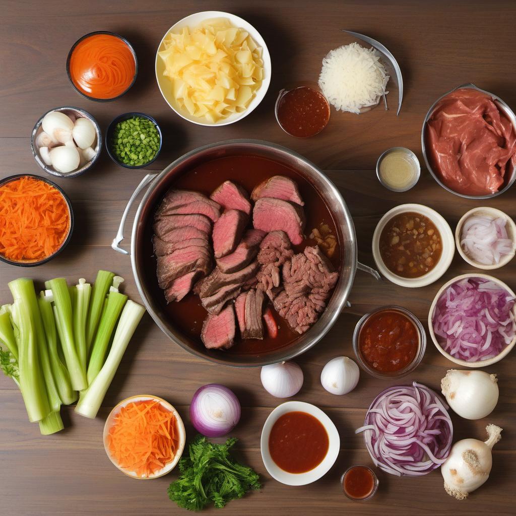 Items needed to answer the question, How do I make Beef Bourguignon without red wine. Items include:  Beef  Onions  Garlic  Carrots  Celery  Tomato Paste  Beef Broth  Thyme  Bay Leaves  Flour  Butter  Fresh Parsley