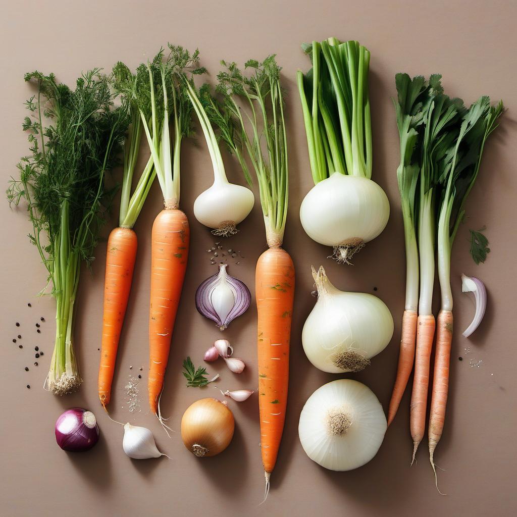 Items needed to answer the question, How do I prepare a vegetable broth. Items include:  Onion  Carrots  Celery stalks  Garlic cloves  Bay leaves  Thyme  Peppercorns  Salt  Water