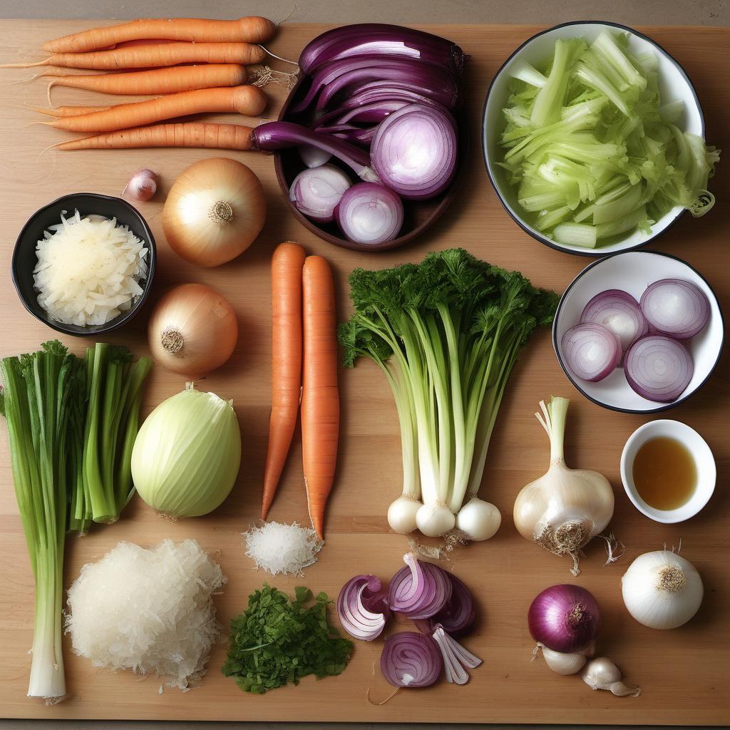 Items needed to answer the question, How do I master the art of bone broth. Items include:  bones  onions  carrots  celery  garlic  vinegar  salt  peppercorns  water