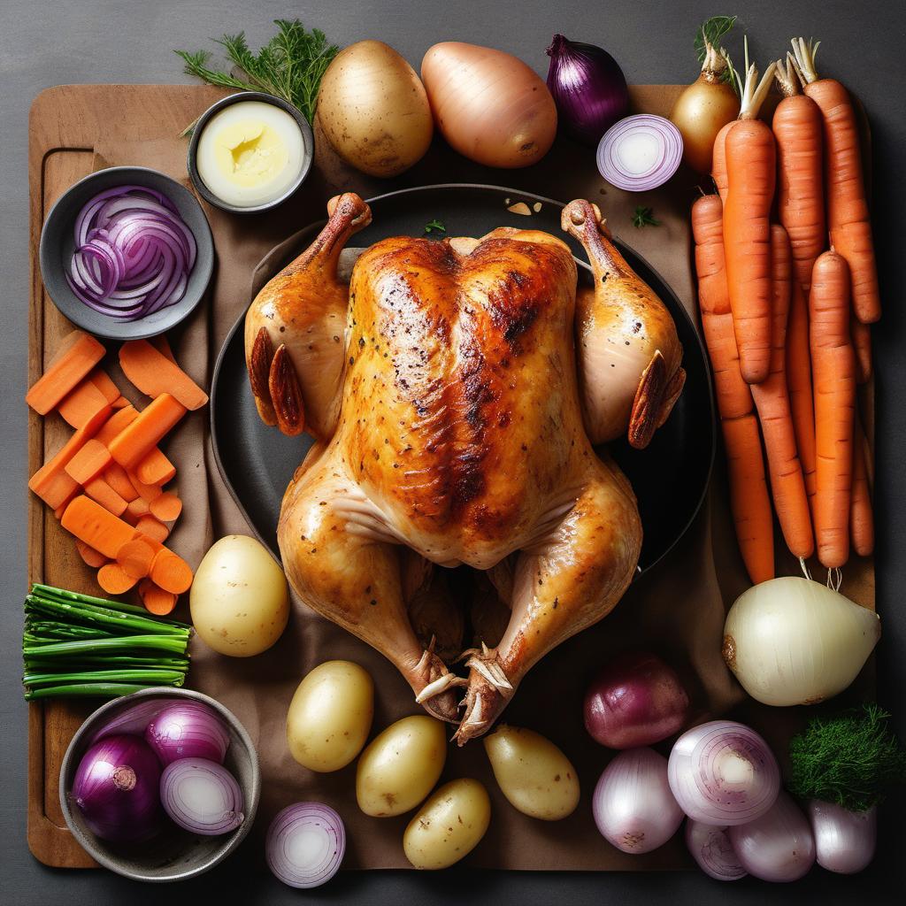 Items needed to answer the question, How do I roast a chicken with vegetables. Items include:  Chicken  Vegetables