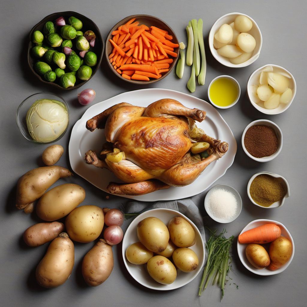 Items needed to answer the question, How do I make a one-pot roast chicken and vegetable meal. Items include:  Whole chicken  Potatoes  Carrots  Onions  Brussels sprouts  Salt  Pepper  Olive oil