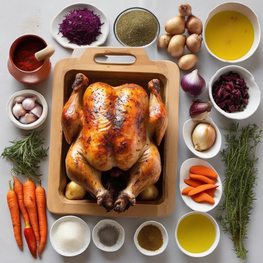 Items needed to answer the question, How do I spice up my roast chicken and veggies. Items include:  Roast Chicken  Veggies  Salt  Pepper  Dried herbs and spices  Olive oil  Fresh herbs