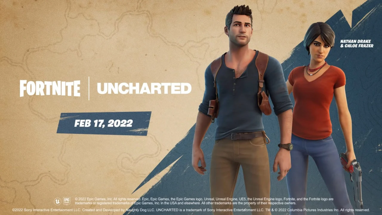 Nathan Drake a Chloe Frazer zaskočí do Fortnite ve filmovém i herním outfitu. Dobrodružné duo provází trailer