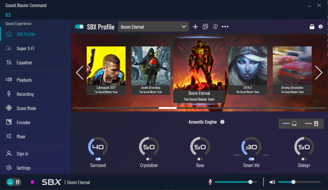 Software Sound Blaster Command disponuje řadou různých nastavení - zde nabídka SBX profilů, které se snaží přizpůsobit zvuk konkrétním herním žánrům či dokonce titulům