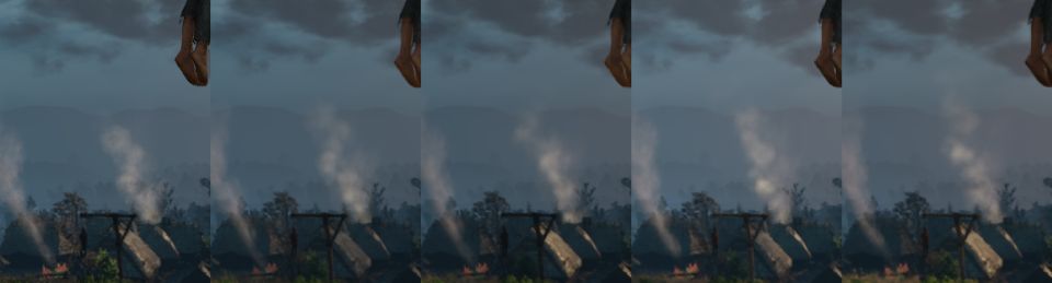 Detail - Porovnání nastavení DLSS se zapnutým Frame Generation - zleva FXAA, DLAA, DLSS Quality, DLSS Balanced, DLSS Performance, DLSS Ultra Performance