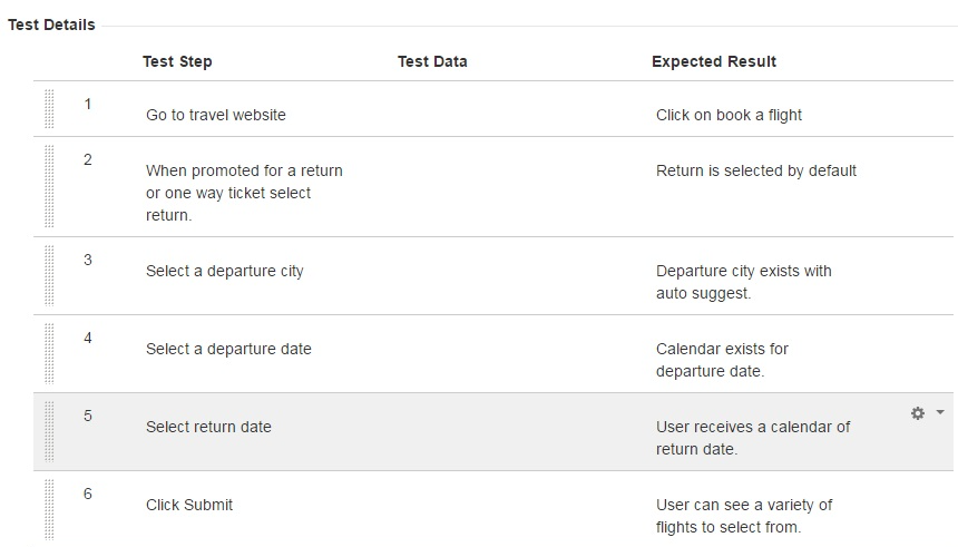 I takhle může vypadat jednoduchý test script - na levé straně kroky, na pravé straně očekávaný výsledek. Do sloupce "Test Data" pak obvykle patří přihlašovací jména, hesla a další podobné propriety. které jsou ke správnému vykonání testu nezbytné.