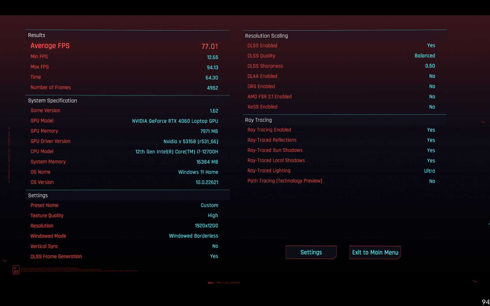 DLSS Balanced, Frame Generation ON