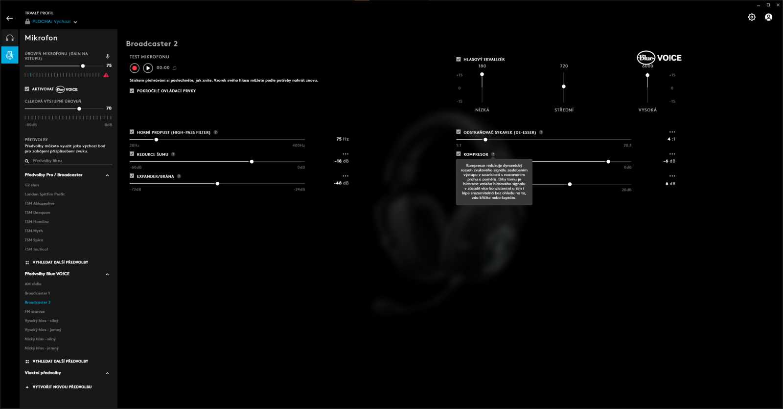 Zajímavých předvoleb pro nastavení mikrofonu je k dispozici dostatek, fajnšmekři si kvalitu vstupu mohou doladit i sami. Demonstrace aktuálního nastavení mikrofonu je v principu velmi jednoduchá, ale ve skutečnosti opravdu bodne.