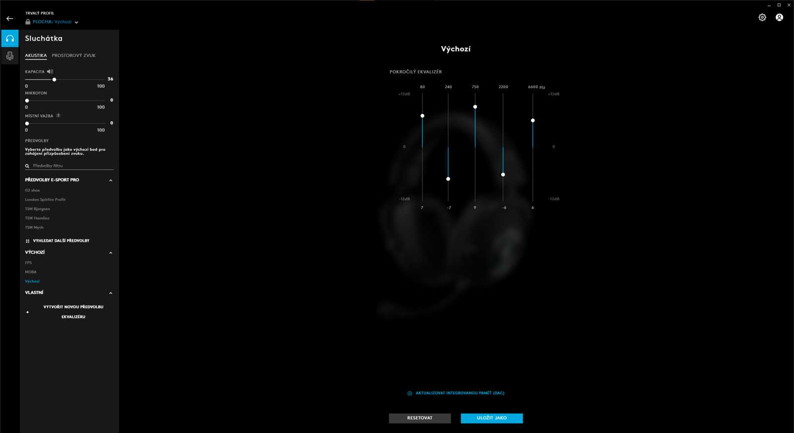 Ekvalizér doplňuje několik předvoleb, možnost nastavení vlastních profilů je samozřejmostí