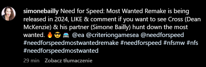 Herečka zřejmě propálila remake Need for Speed: Most Wanted. Hra by mohla dorazit už v příštím roce