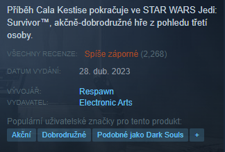 Star Wars Jedi: Survivor čelí na Steamu tvrdé kritice kvůli tristní optimalizaci. Recenze jsou “Spíše záporné”