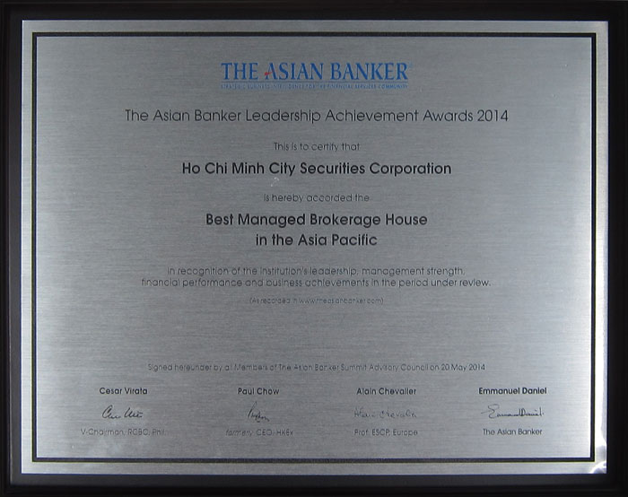 Công ty CP Chứng khoán HSC và Tổng Giám đốc được The Asian Banker trao giải Nhà Môi giới được Quản trị Tốt nhất khu vực Châu Á Thái Bình Dương và Nhà Lãnh Đạo Tiêu Biểu