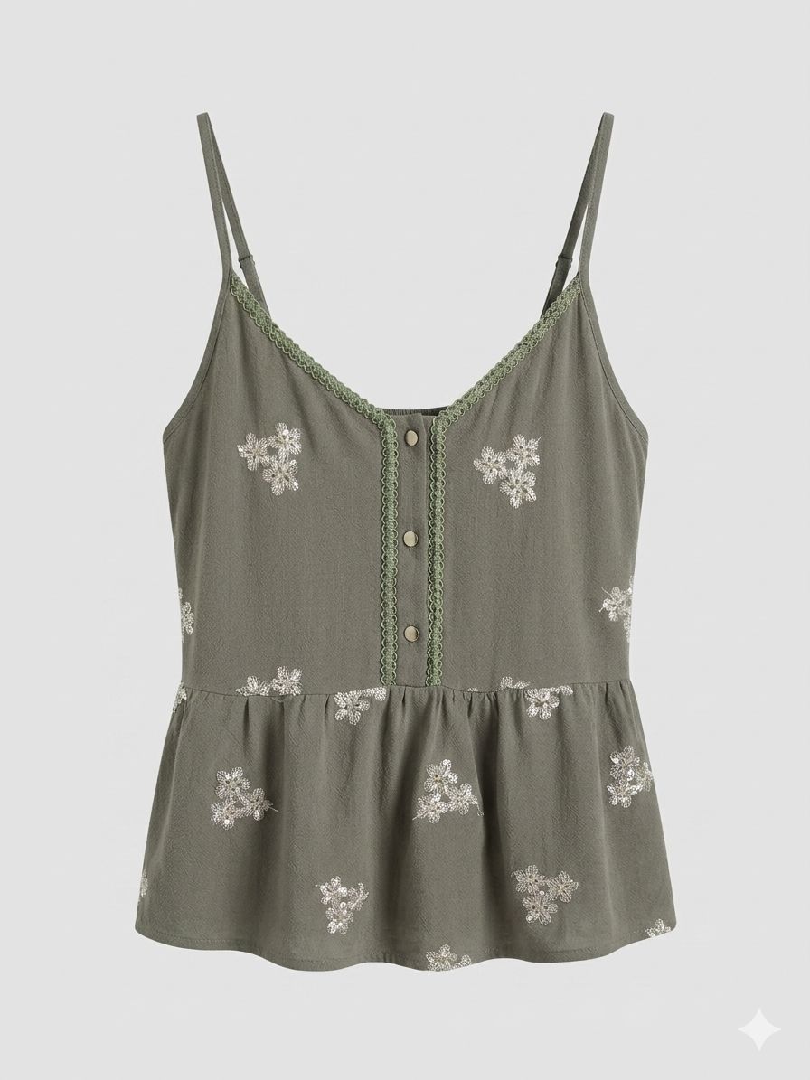 Embroidered Peplum Cami Top Olive Green / Khaki thumbnail