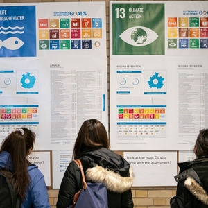 Carnegie Mellon University students learn about the Sustainable Development Goals at an exhibit in the Cohon University Center