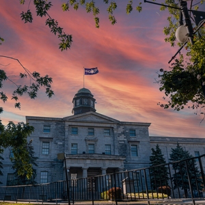 McGill University, Downtown Campus, McCall MacBain Arts Building flying the Hiawatha Wampum Belt Flag