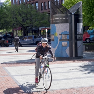 Emerson's Sustainability Coordinator biking to work