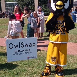 Scrappy the Owl, KSU's Mascot, Attending an OwlSwap Swap event to encourage students to be sustainable