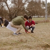 Horticulture class marking out the pollinator garden design on-site