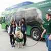 Colorado State students greet campus mascot, Cam the Ram, in front of a campus shuttle bus.