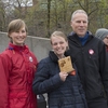 Sarah Zemanick, Director, Campus Sustainability Office (CSO)(left),  Robert "Bert" Bland, Associate Vice President of Energy and Sustainability (right) present Julie Houston with sustainability award.