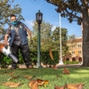 Alejandro Benitez demonstrates the electric leaf blower now used on the University Park Campus. USC is certified as a Green Zone by the American Green Zone Alliance (AGZA).