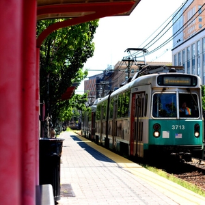 Green line rolling through Northeastern University's Boston Campus