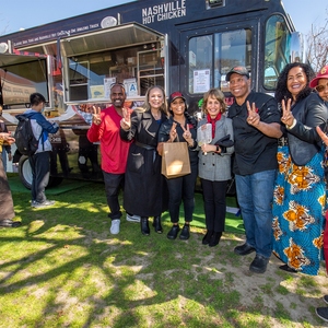 USC President Dr. Carol Folt with Trojan Shop Local Team, Students and Foodtruck at Black History Month Event