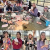 This is a collage of people working on their upcycled journal as well as 4 completed journals.