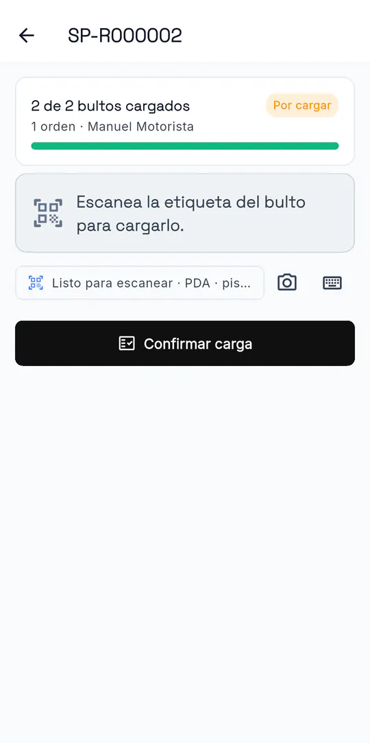 App mostrando los bultos cargados en el camión