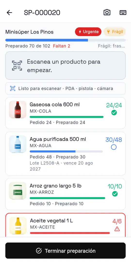 App de bodega escaneando los productos de una orden