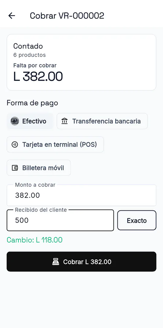 Caja de la app cobrando un pedido: formas de pago, efectivo recibido y cambio calculado
