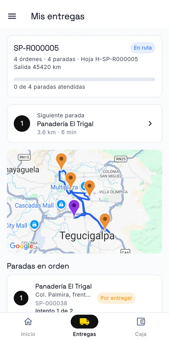 App del motorista con la ruta ordenada en el mapa