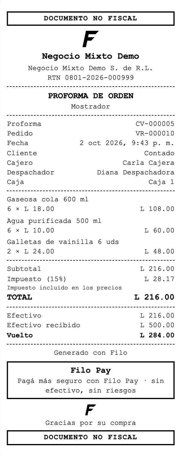 Proforma de orden de 80 mm, con la leyenda Documento no fiscal y el bloque de Filo Pay