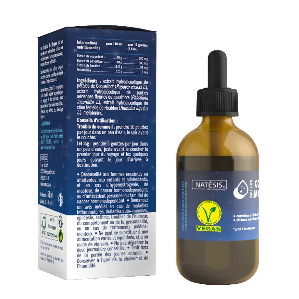 Mélatonine 1 mg en gouttes coquelicot passiflore houblon - 50 ml — Natésis