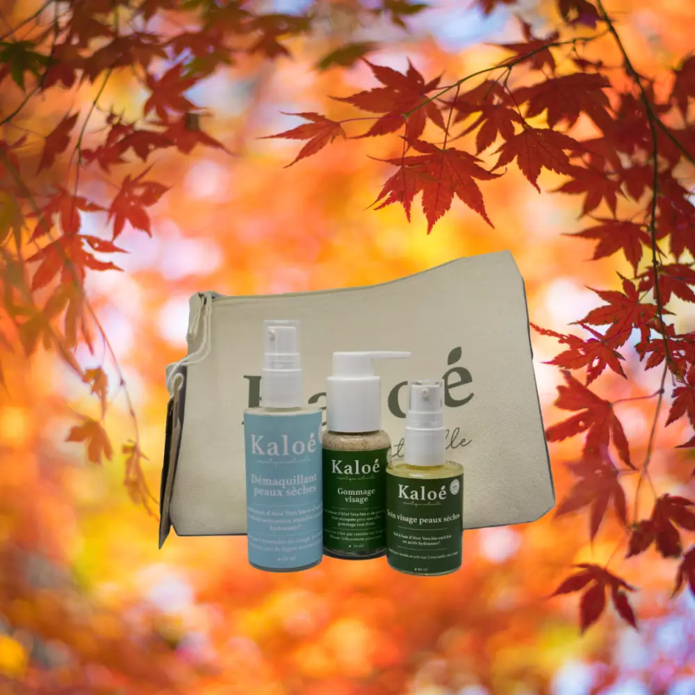 Routine visage 3 produits peaux sèches - Soin visage peaux sèches 30 ml + Démaquillant peaux sèches 50 ml + Gommage visage 50 ml + Trousse M — Kaloé