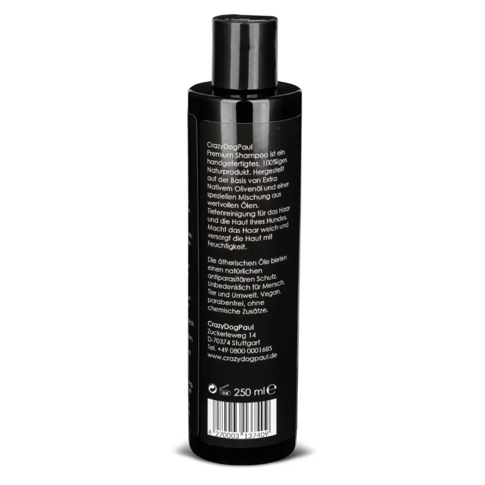 CrazyDogPaul Premium Hundeshampoo – Stoppt Juckreiz, versorgt die Haut mit Fechtigkeit,natürlich, vegan, mit extra nativem Olivenöl, Vitamin E & Antioxidantien (250ml) — CrazyDogPaul