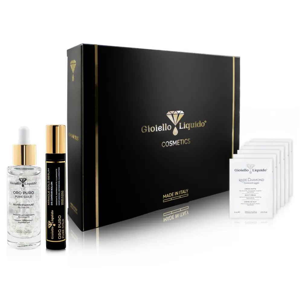 Glow Öl "ORO PURO" - Öl Mit Silber 30 ml + Miracle Gold Serum Augenkontur Roll-on - Anti Aging Pflegeset — Gioiello Liquido