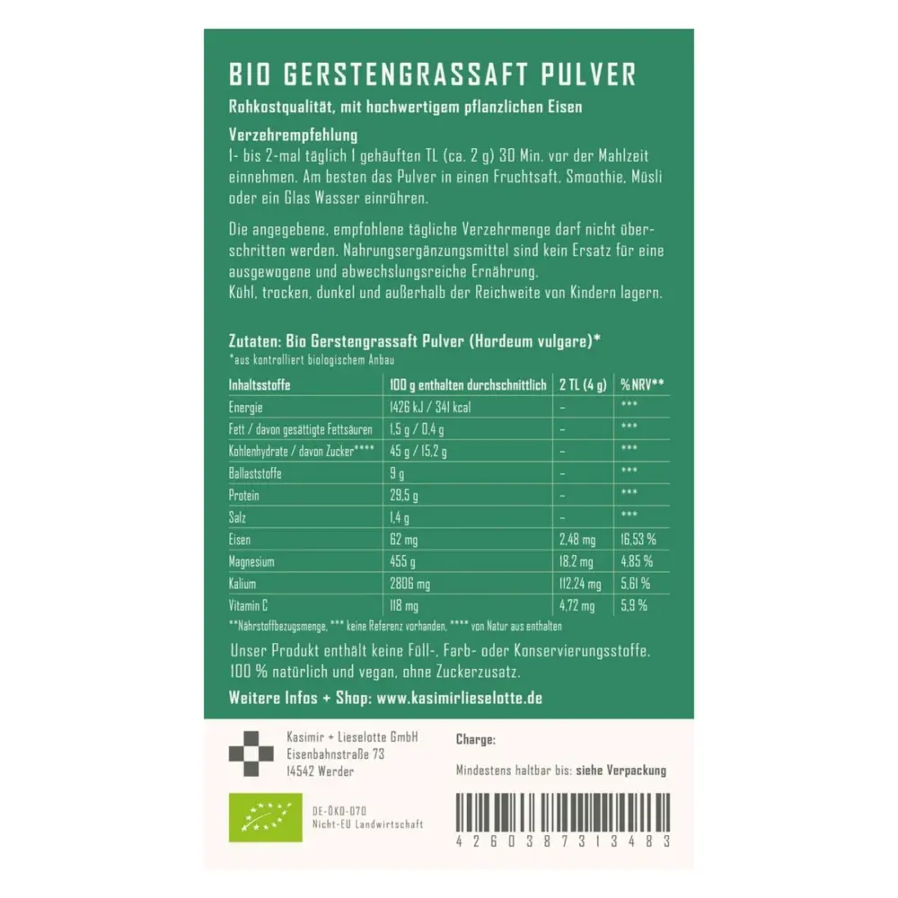 Gerstengrassaft Pulver Bio — Kasimir + Lieselotte