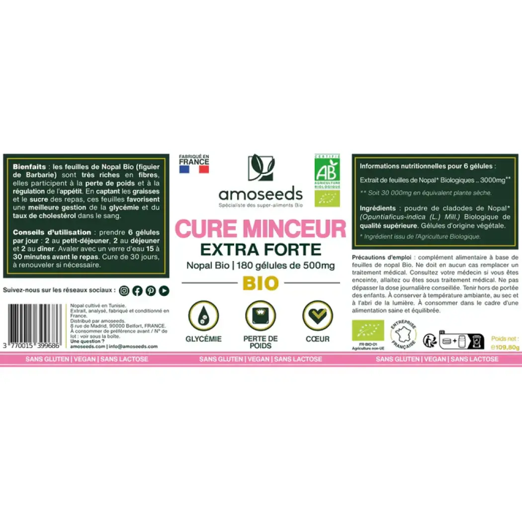 Nopal Bio 500 mg Kur zum Abnehmen, extra stark, 180 Kapseln — Amoseeds