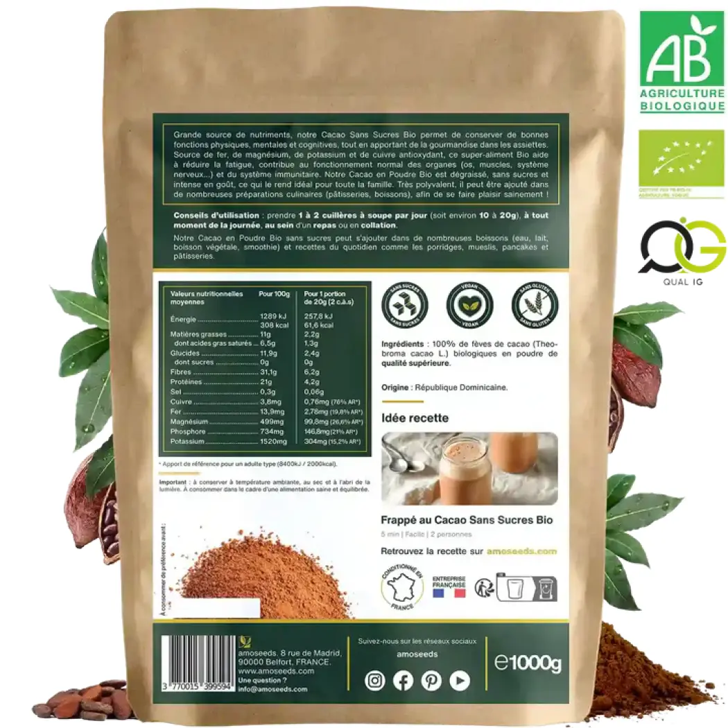 Cacao en poudre bio sans sucres - 1 kg — Amoseeds