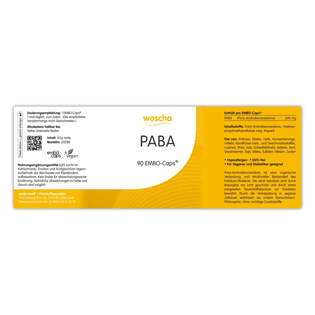 PABA (acide para-aminobenzoïque) 500 mg - 90 gélules — woscha
