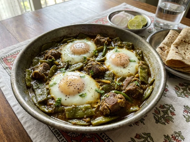 Eggs on Papdi (Flat Beans with Meat)