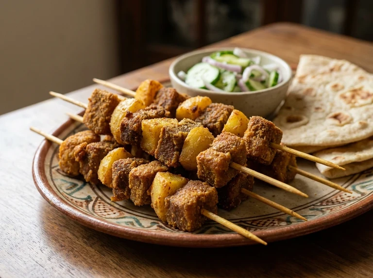 Fried Mutton and Potato Skewers