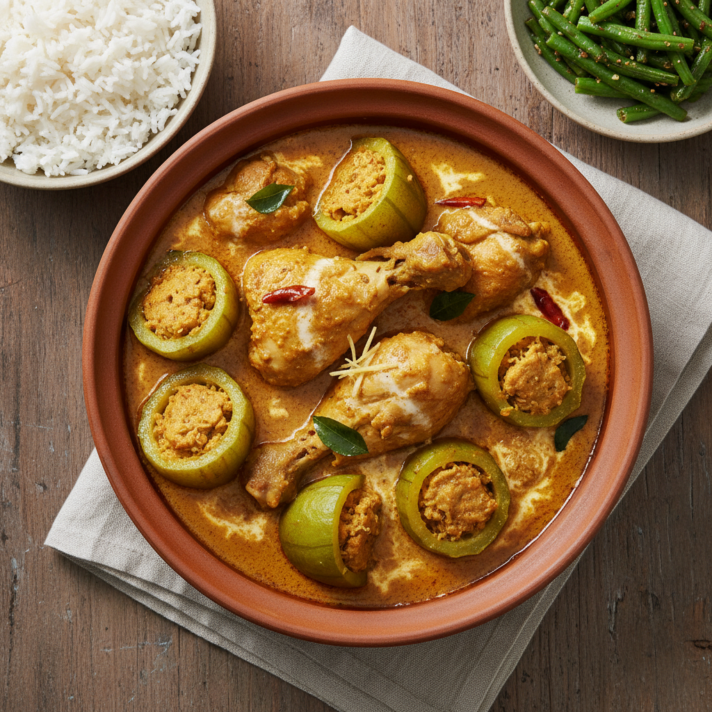 Chicken Malay Gravy Curry with Stuffed Pulwal (Pointed Gourd)