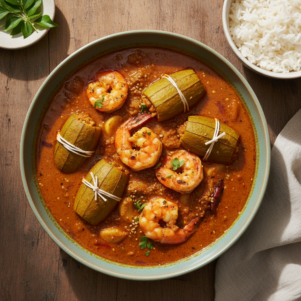 Prawn Malay Gravy Curry with Pulwal (Stuffed Pointed Gourd)